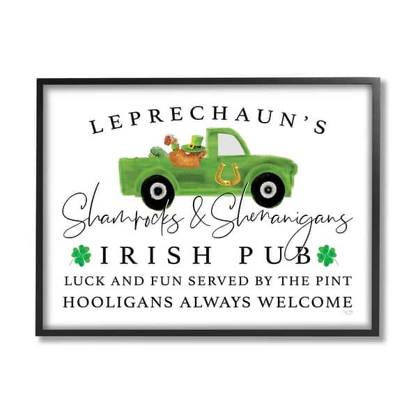 Stupell Irish Pub Whimsical Leprechaun Green Shamrock Details Framed Wall Art - White