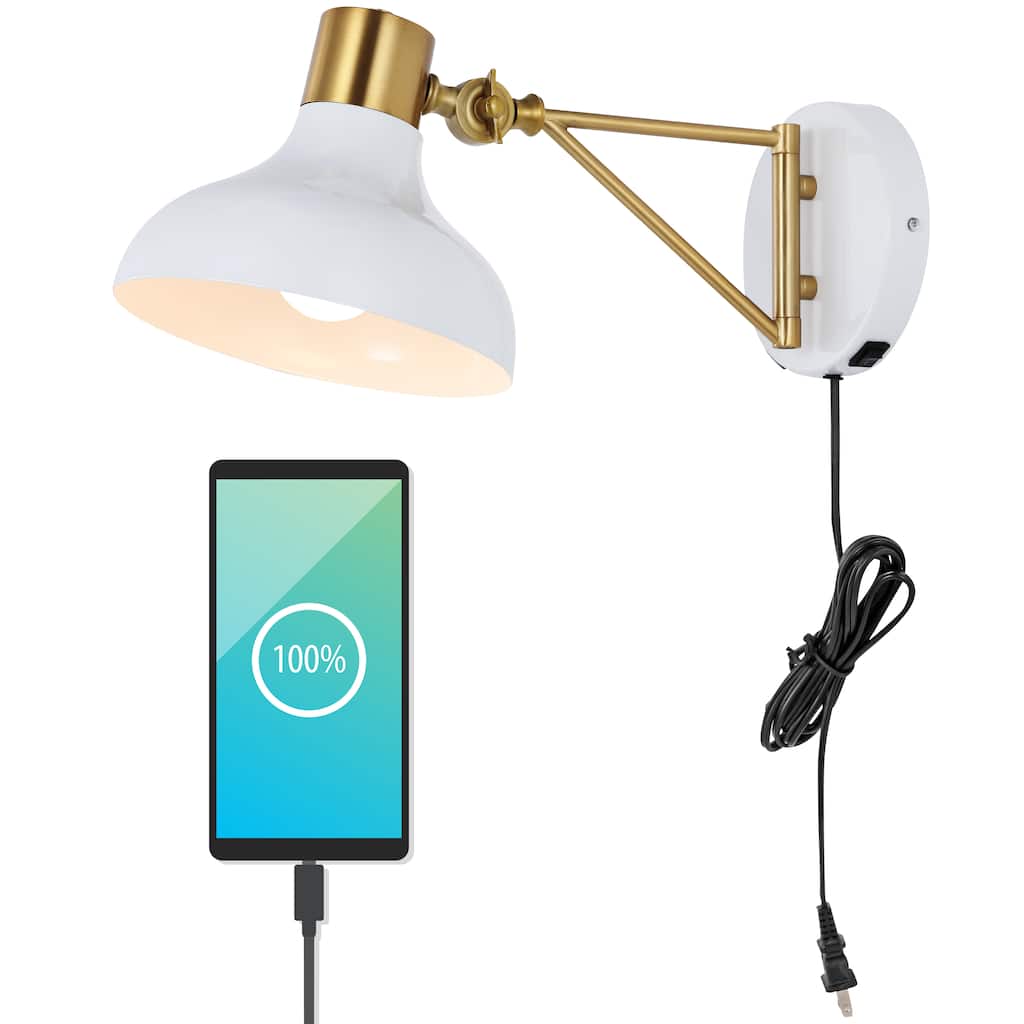 Lisa Swing Arm 1-Light Modern Midcentury Iron USB Charging Port LED Sconce, by JONATHAN Y