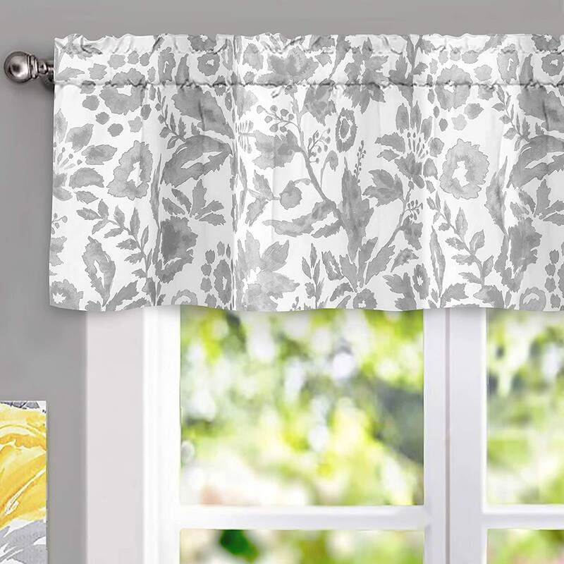 DriftAway Julia Watercolor Blooming Flower Floral Lined Thermal Insulated Window Curtain Valance - 52'' width x 14'' length - Grey