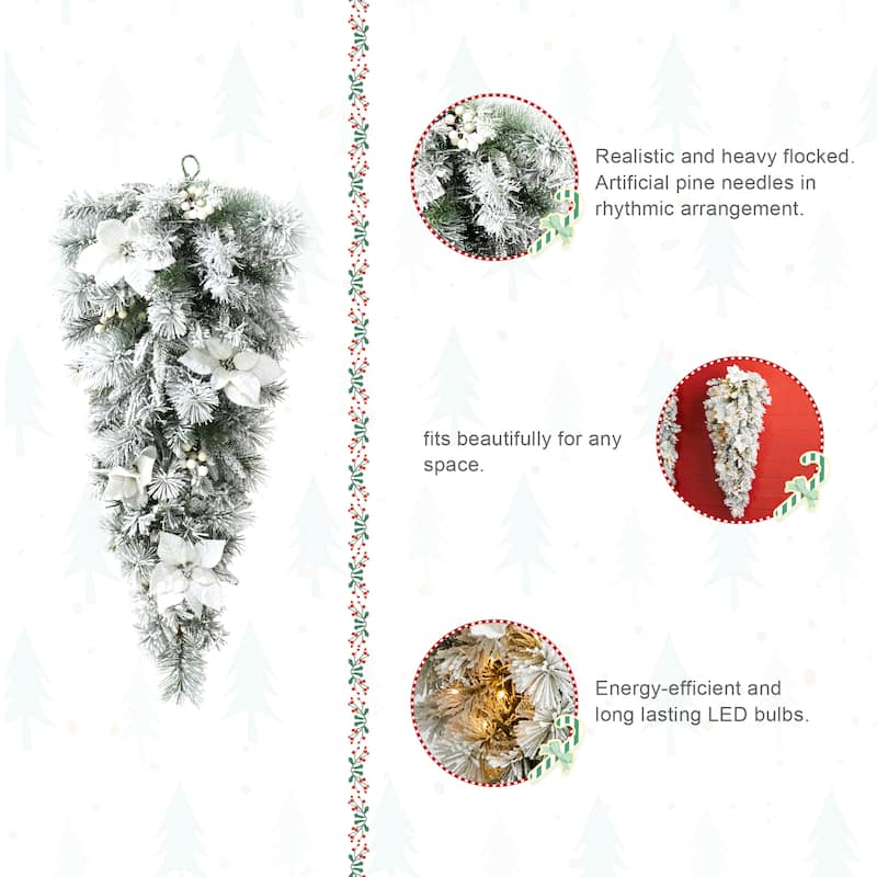 Glitzhome 3ft Pre-Lit Flocked White Poinsettia and Berries Christmas Teardrop