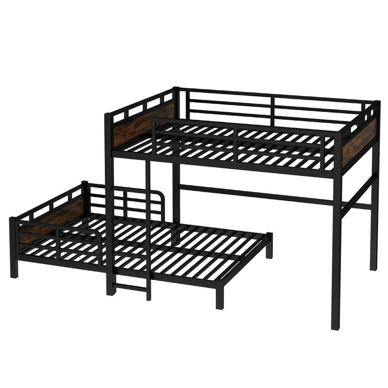 Roomfitters Twin/Full/Queen Metal Bunk Bed & Loft Bed with Raised Safety Fence, Convertible Platform Design, Vintage Wood