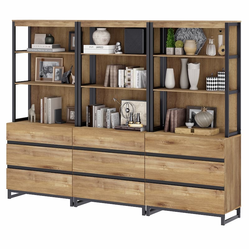 WAMPAT Modern 72" Tall Bookcase with Drawers and Open Book Shelfs, Library Book Shelf for Home Office, Living Room