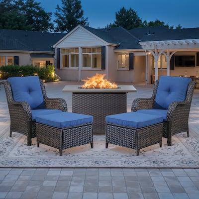 Outdoor Patio Chairs Ottoman with Fire Pit Table - Brown