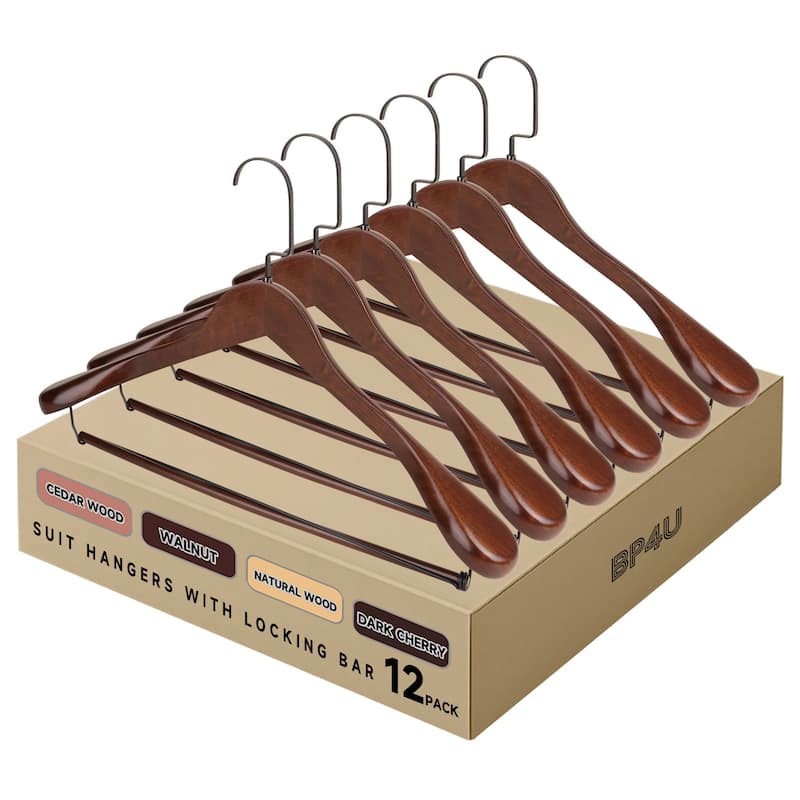 BP4U Premium Wide Shoulder Wooden Suit Hangers, Heavy-Duty Non-Slip Solid Wood Coat Hangers with Locking Bar - 12-Pack - Walnut