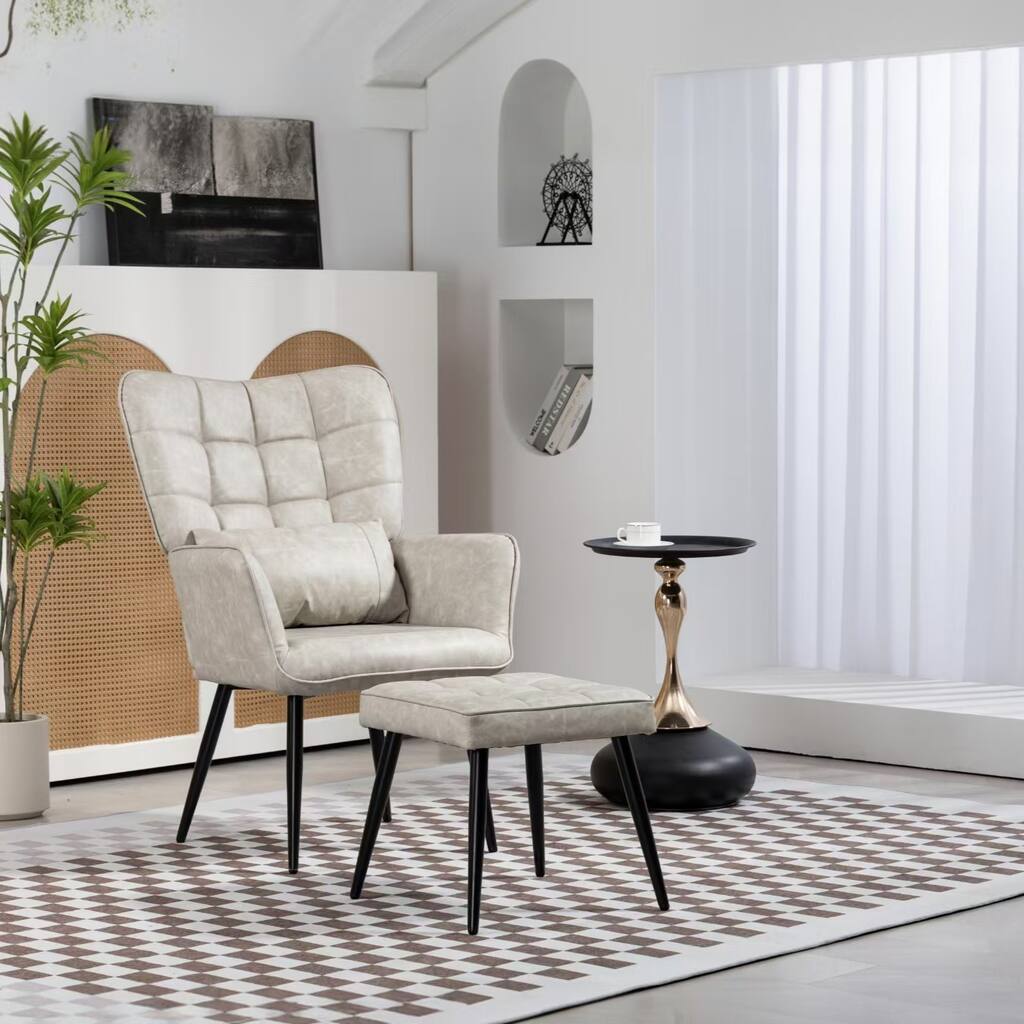 Beige 26" High Back Upholstered Tufted Arm Chair with Ottoman