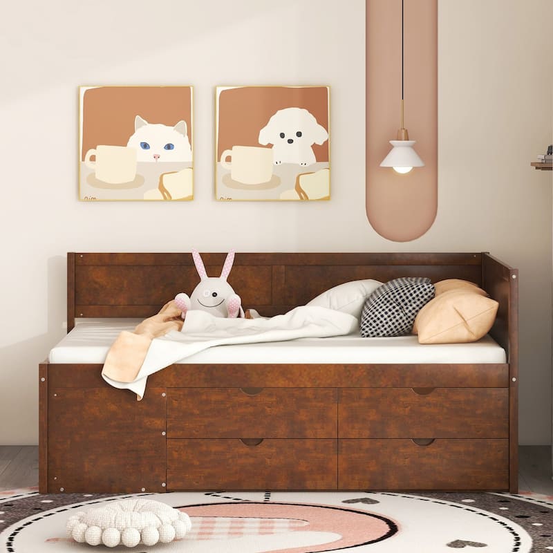 Compact Twin Daybed with Drawers and Shelves in Walnut Finish