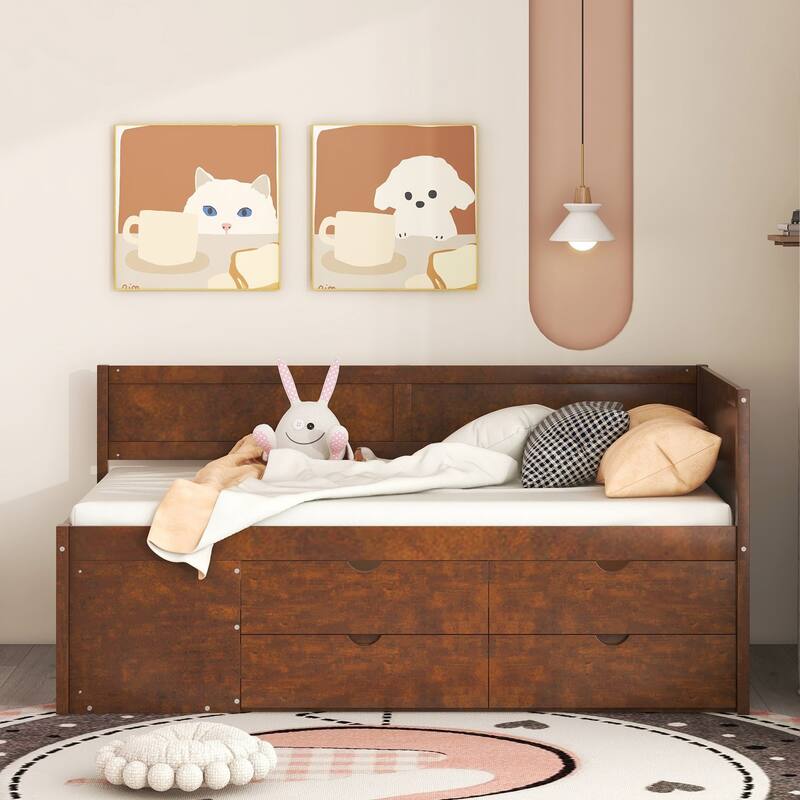 Twin Size Daybed with Four Storage Drawers &Three Shelves, Solid Wood Maximized Space Day Bed Frame for Bedroom Living Room