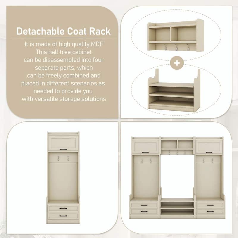 4-in-1 Entryway Hall Tree with Storage, 7 Hooks & Drawers, Beige