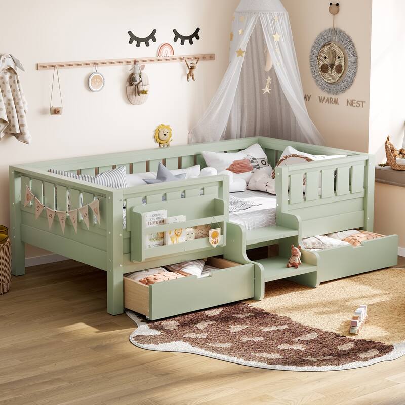 Full/Twin Loft Bed with Storage Drawers, Safety Staircase & Rails - Green - Twin