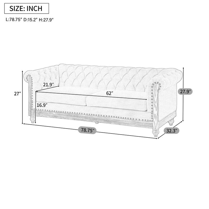 Chesterfield 3 Seater Sofa with Rolled Arms, Tufted Button Deep Seat Sofa, Comfy Straight-Row Sofa with Wooden Legs