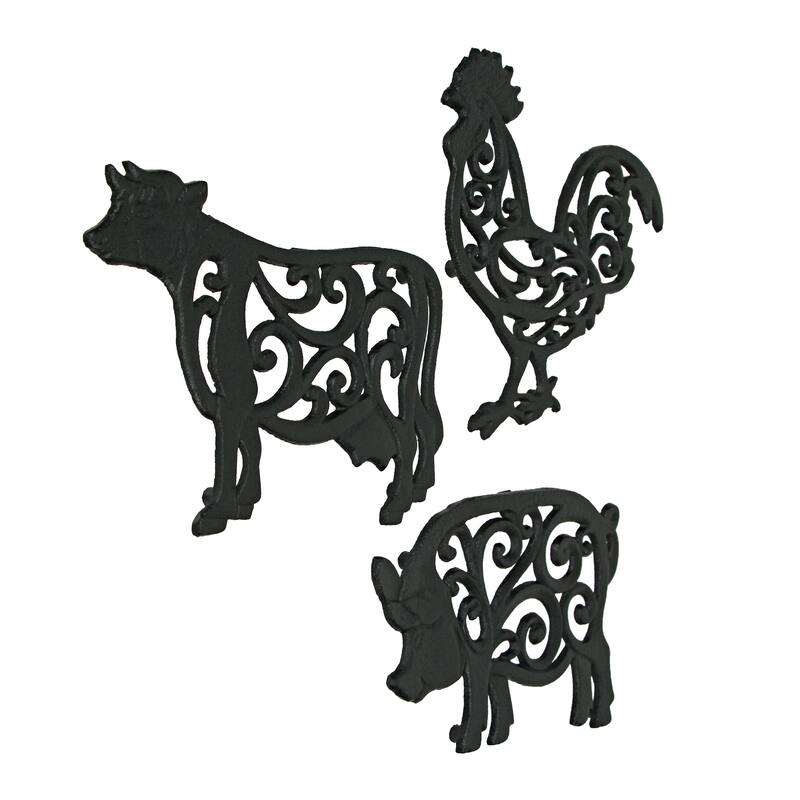Zeckos Black Cast Iron Farm Animal Kitchen Trivets (Set Of 3) - 0.5 X 9 X 9.25 inches