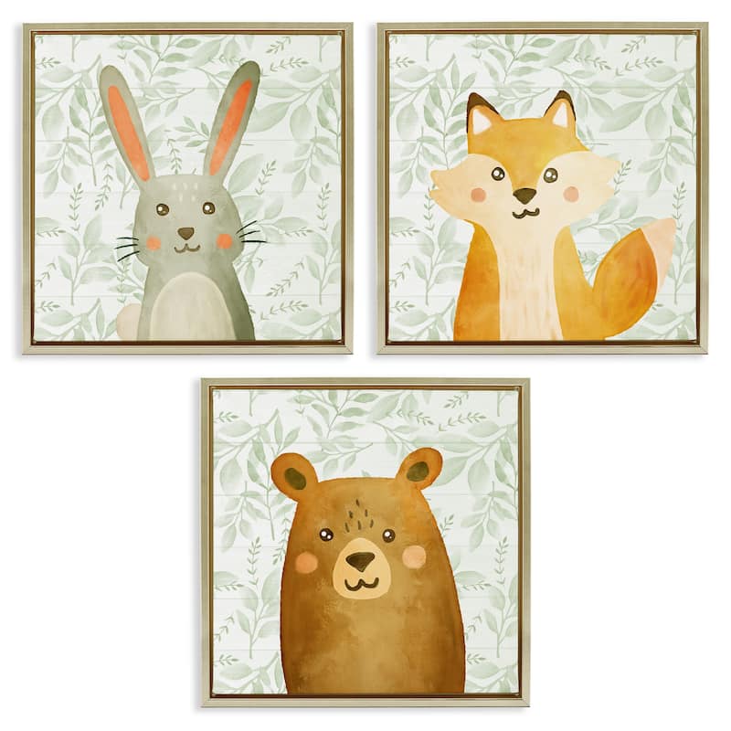 Stupell Joyful Woodland Animals Framed Floater Canvas Wall Art Design By Kim Allen (Set of 3) - 25 x 25 - Gold