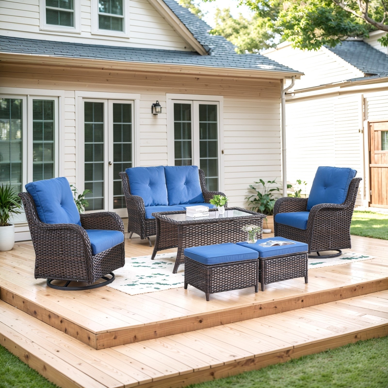Patio Loveseat Rattan Glider Sofa Swivel Chair with Ottoman - Blue cushion - Brown