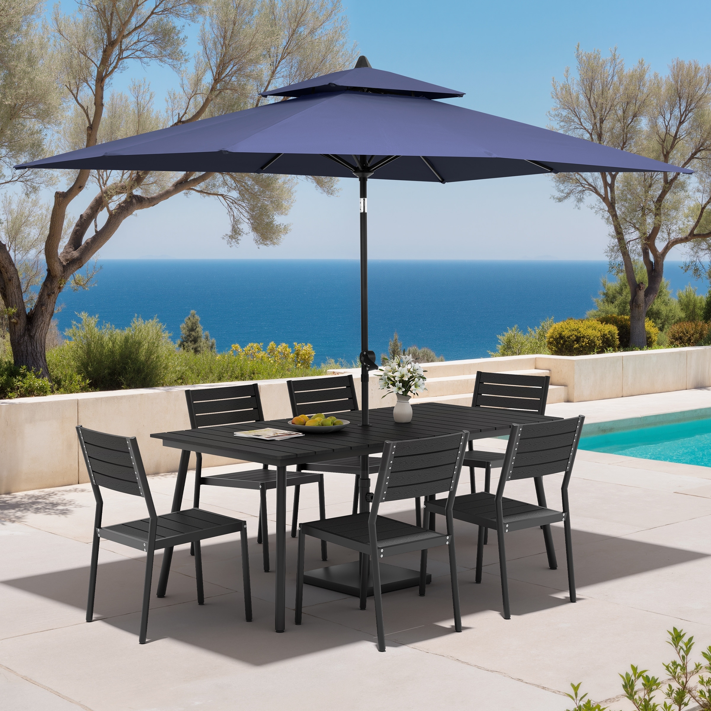 9PC Outdoor Patio Dining Set Aluminum Table with Stackable Chairs w/ Market Umbrella Set