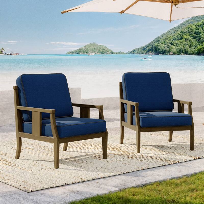 2 Set Brown Wood Outdoor Accent Club Chairs with Water-Resistant Cushions - Navy