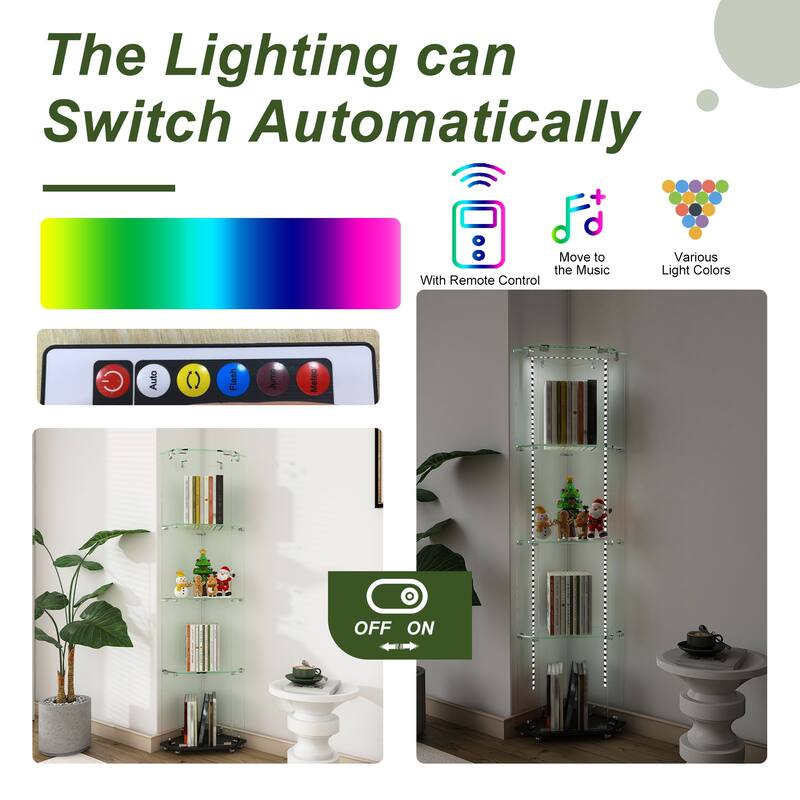 Roomfitters Glass Display Cabinet with Lighting, 4 Tier Curio Case for Collectibles, Floor Standing Showcase, Black