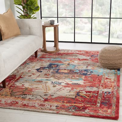 Cysha Handmade Medallion Red/ Aqua Area Rug