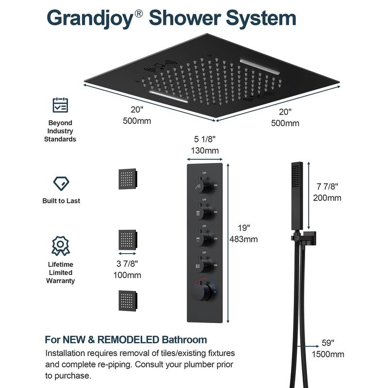 GRANDJOY Thermostatic Shower System 20" Ceiling Mount Shower Head Handheld Spray and Body Jets Combo LED Music