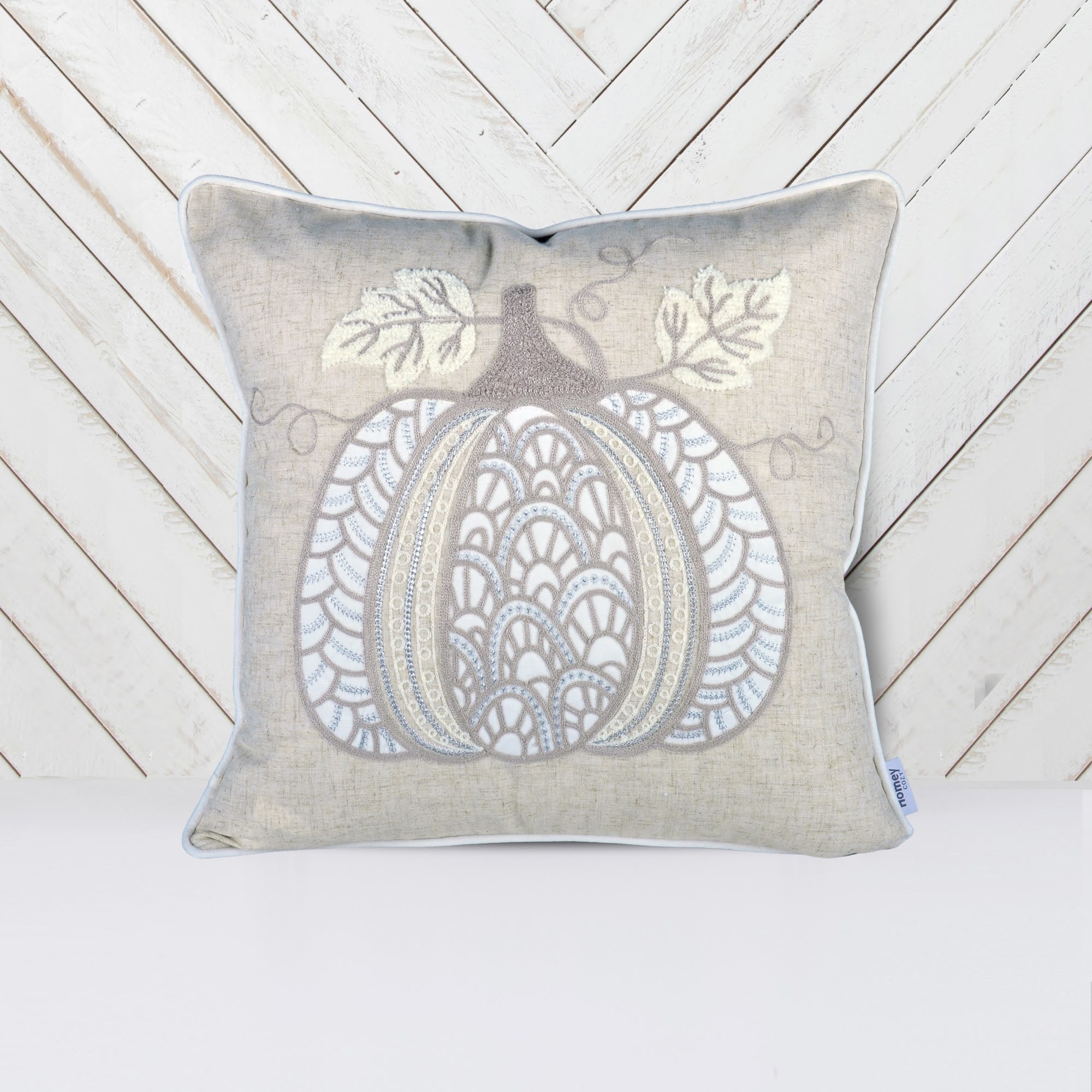 Lace Embroidered Pumpkin Throw Pillow - Neutral Fall Accent Cushion