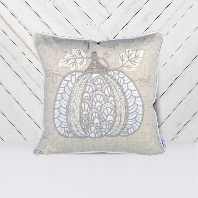 Lace Embroidered Pumpkin Throw Pillow - Neutral Fall Accent Cushion - Natural