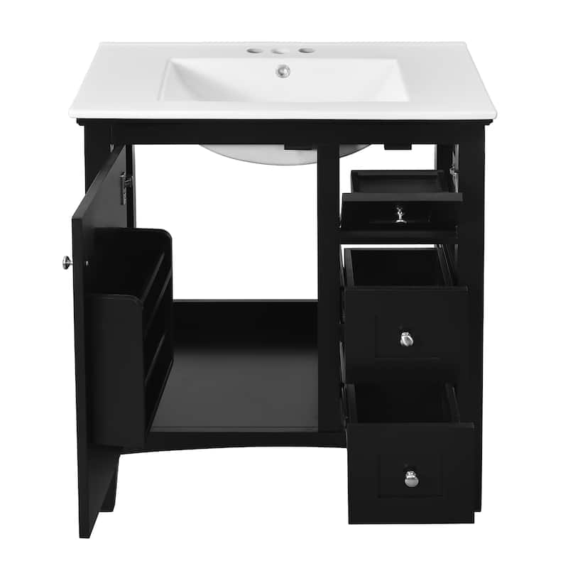 30'' Freestanding Bathroom Vanity in Black with White Integrated Ceramic Sink - 30'' x 18.3'' x 33.7''