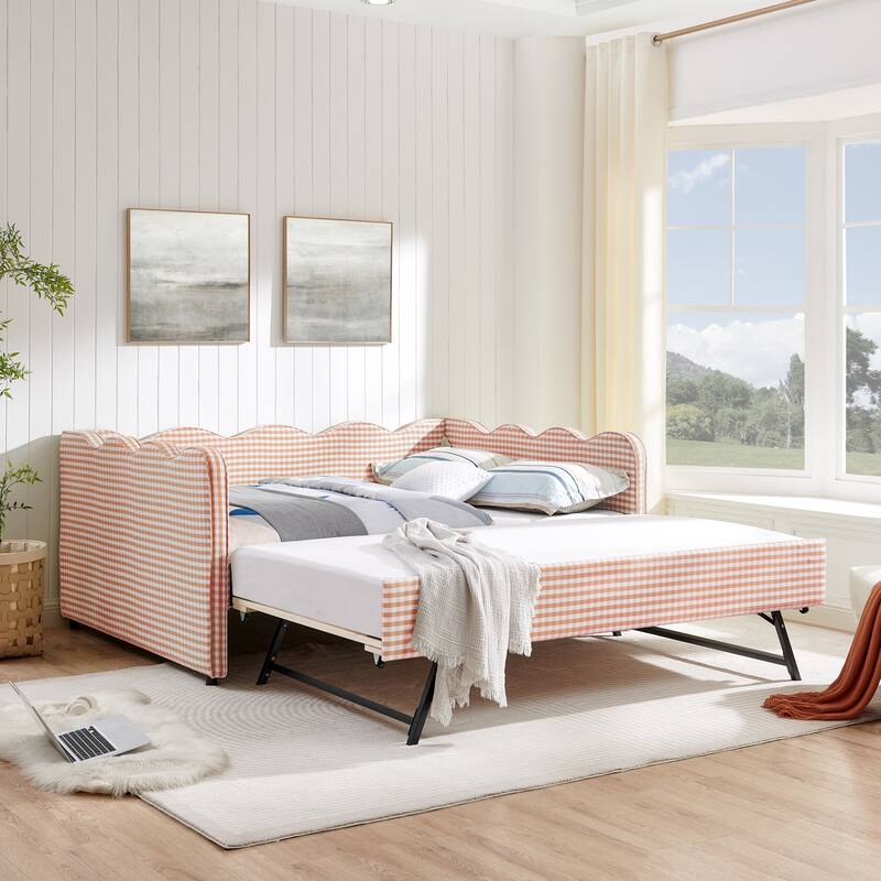 Upholstery Daybed Full Size Sofa Bed with Twin Size Trundle and Charging Ports, Linen Fabric Plaid Pattern and Wavy Silhouette