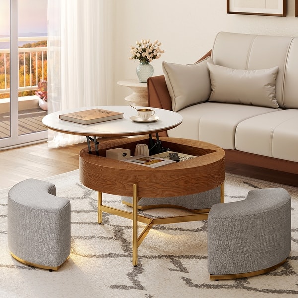 Lift Top Extendable Coffee Table with Hidden Storage and 3 Ottomans ...