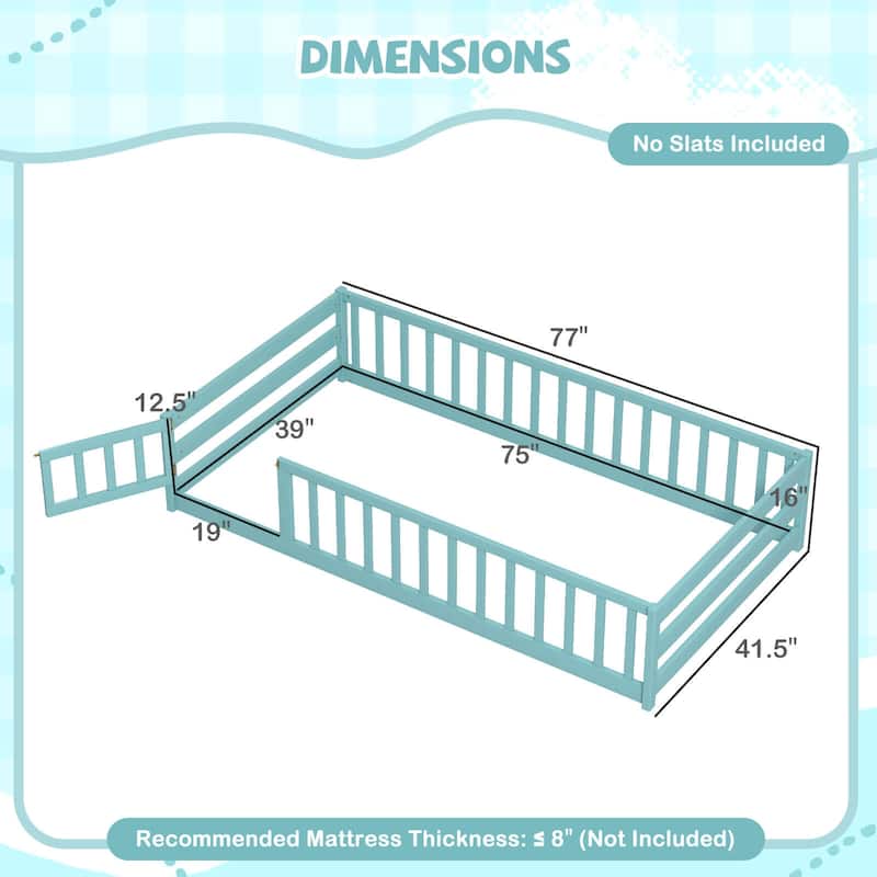 Costway Twin Size Floor Bed with Door & Fence with Safety Guardrails &