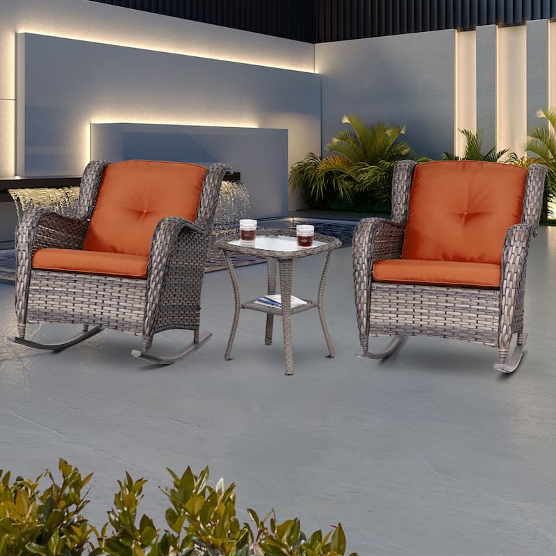 Cozywor 3-Piece Patio Wicker Outdoor Rocking Chair Set