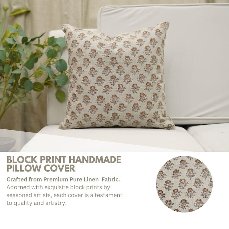 Fabdivine 12x20 Handmade Pure Linen Cushion Cover Floral Mustard Ideal for Sofa, Floral Block Print, Accent Décor, Bagru Buti