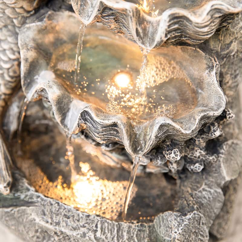 Glitzhome 22"H 4-Tiered LED Lighted Mermaid Fairy Polyresin Outdoor Floor Statue Fountains