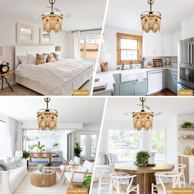 Cusp Barn 42" Retractable Ceiling Fan with Light, Farmhouse Wooden Bead Chandelier, Quiet DC Motor 6 Speeds Bohemian Ceiling Fan