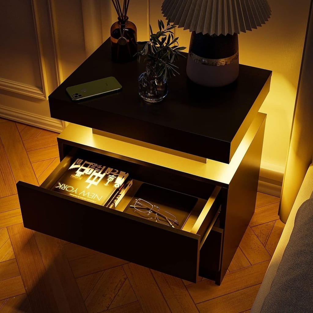 Nightstand with LED Lights Modern Bedside Table with 2 Drawers