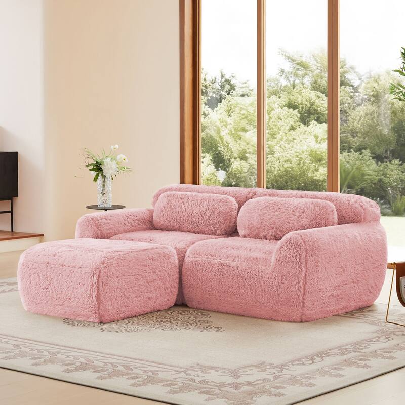 Rossetta 2-seater L-shaped Boneless Soft Fluffy Plush Fabric Sofa Couches with Throw Pillows, Moveable Ottoman