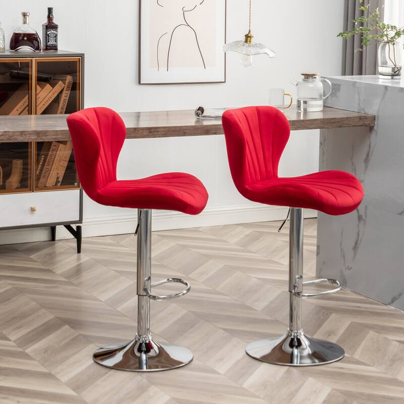 Set of 2 Adjustable Swivel Barstools with Upholstered Bucket Seats and Chrome Footrest.