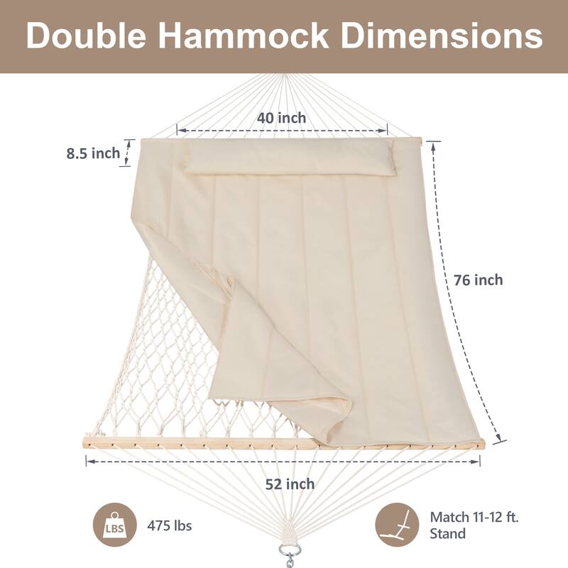 Durable 2 Person Rope Hammock with Polyester Quilted Pad and Pillow - 76*52