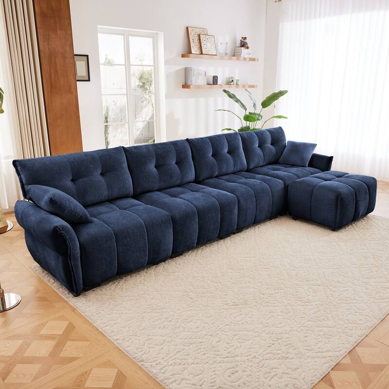 141.7" Chenille Four Seater Upholstered Sofa with Footstool