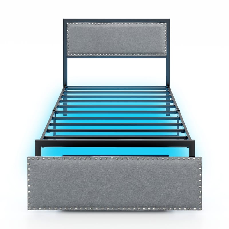 Full/Queen/Twin Size Bed Frame with LED Lights Drawer and Metal Slats - Twin