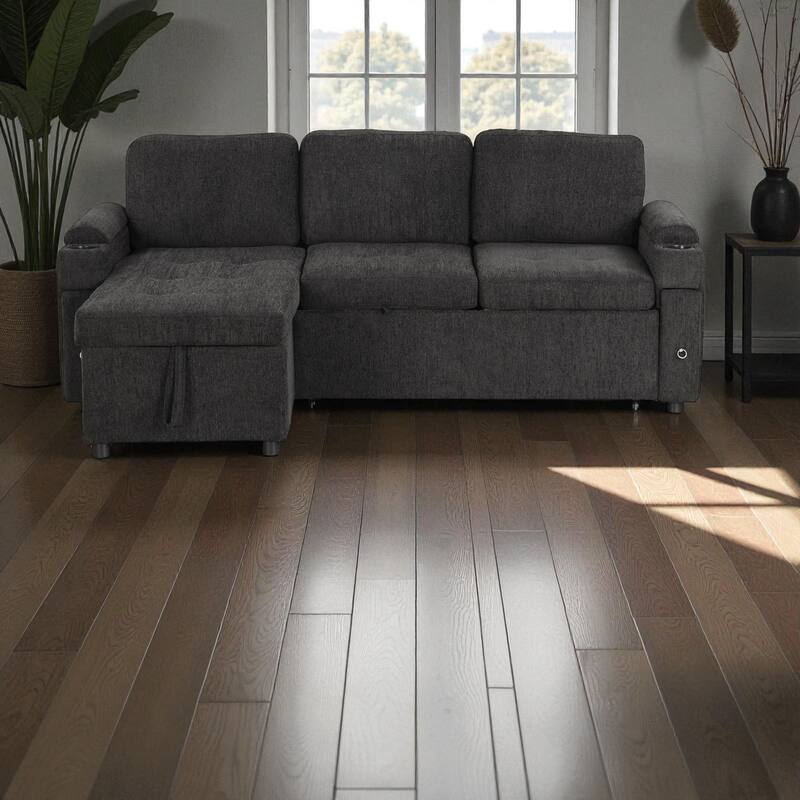 83.5" L-Shaped Convertible Sectional Sofa Bed with Storage Chaise Cup Holders USB Ports Chenille Couch for Living Room