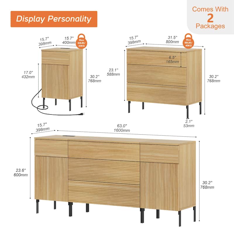 63" Wooden Reeded Sideboard With Built-In Charging Station, 3-In-1 Modern Credenza
