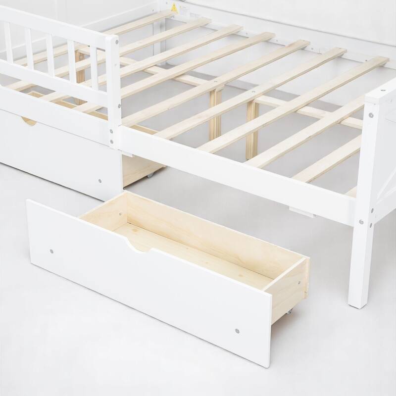 Full House Platform Bed Frame with LED, 2 Drawers, Shelves, Pine Wood & MDF Construction