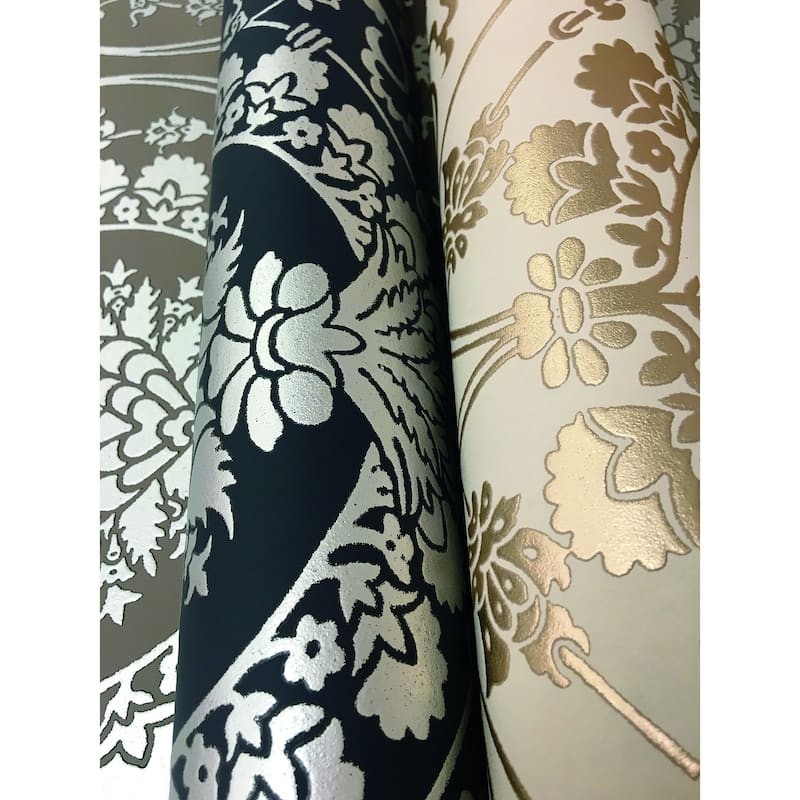 Fargo Navy/Silver Non-Woven Unpasted Damask Imperial Damask Wallpaper Covers about 60.75 sq. ft.