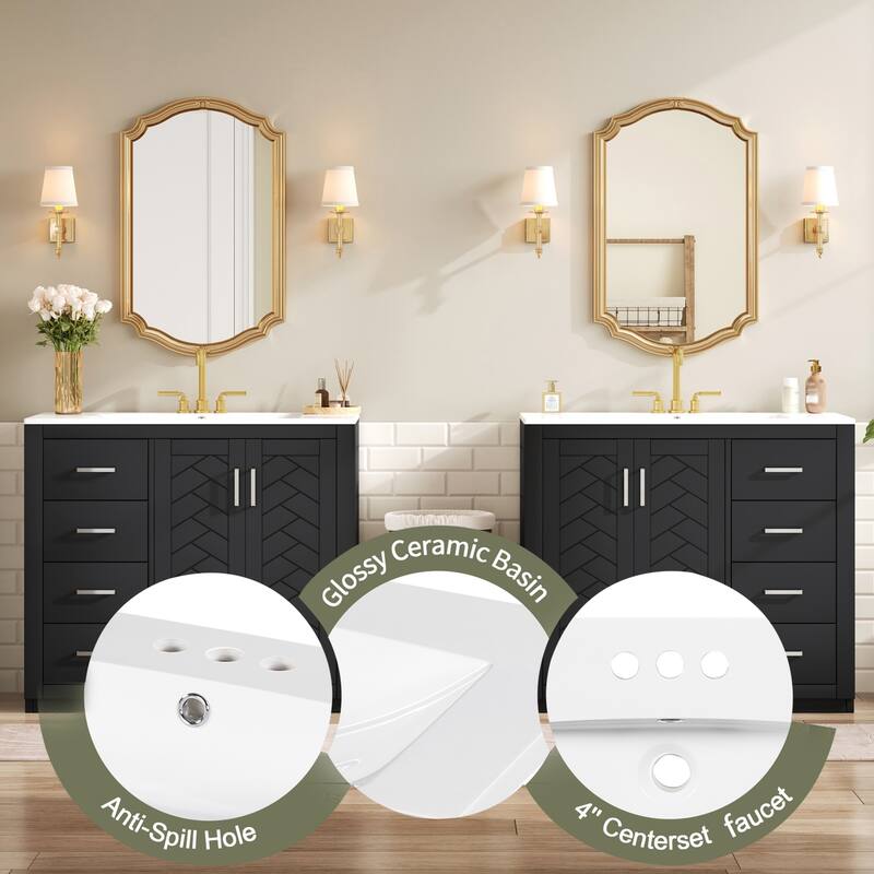 72" Solid Wood Bathroom Vanity with Dual Ceramic Sinks, Freestanding Double Sink Cabinet with Drawers and Soft-Closing Doors