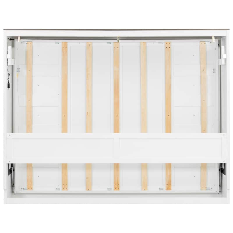 Roomfitters Full/Queen Size Murphy Bed with Desk, LED Light and Hydraulic Lift, Cabinet Design