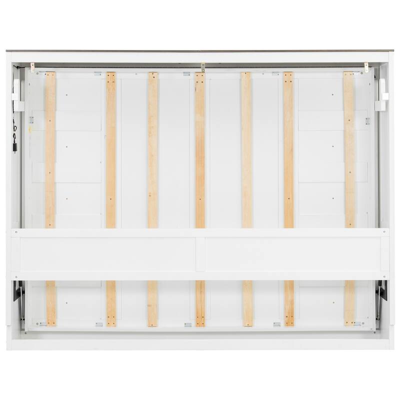 Wooden Murphy Bed with Desk and LED Light/Foldable Wall Bed Cabinet/Hydraulic Lift System/Wood Slats Support/Space-Saving Design