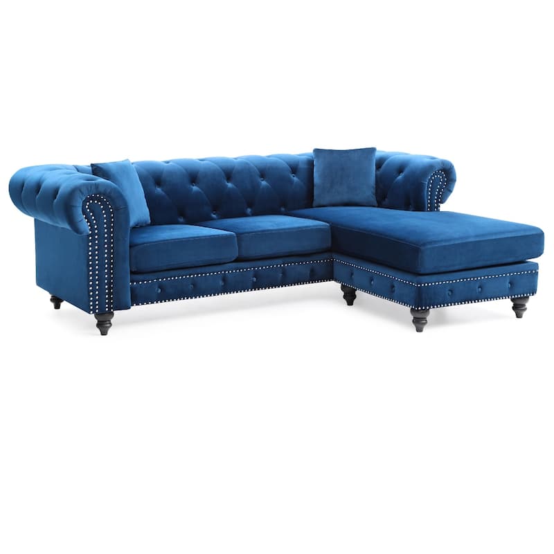 Tufted Velvet L-Shape 3-Seater Sectional Sofa with Throw Pillows - 98" - Blue