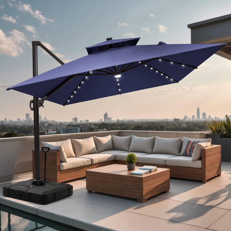 9 X 11 FT Outdoor Patio Cantilever Umbrella with Solar Lights Rod Wheel Base Double Canopy 360 Rotation Tilt - NavyBlue