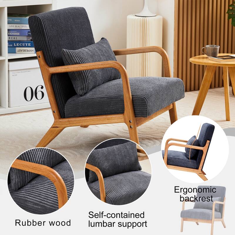 Polyester Mid-Century Modern Accent Chair with Solid Rubberwood Frame, Ergonomic Design, and Removable Pillow