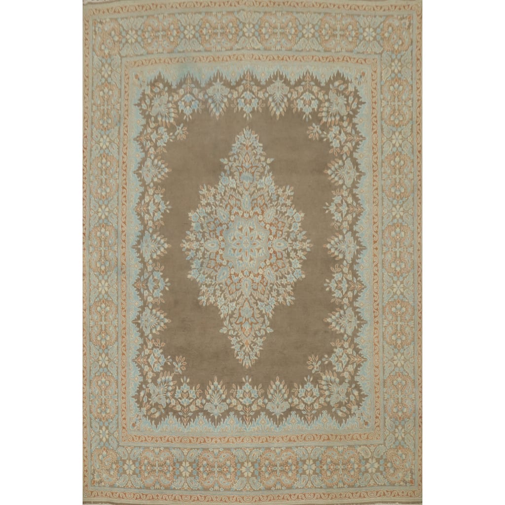 Hand Knotted Oriental 100% Wool Carpet Traditional Floral Brown Kerman Area Rug - 12' 10'' X 9' 9''
