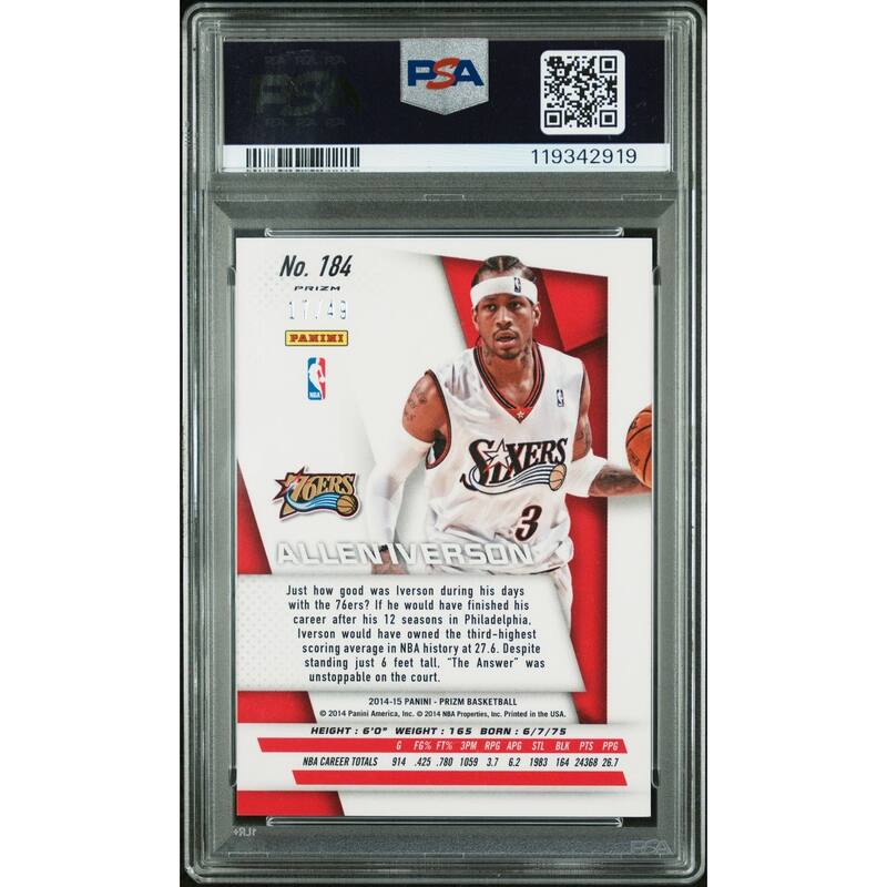 Allen Iverson 2014 Panini Red Prizm Signed Basketball Card #184 Graded PSA 10 Auto 10 17/49 Cert # 119342919 - 8' x 11'